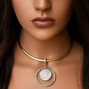 Gold Choker Necklace with Sparkly Crystal Hoop Round Rhinestone Pendant Jewelry